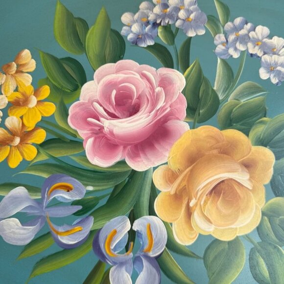 Vintage Turquoise Toleware Pilgrim Art Oval Tray 155 Reticulated Hand Painted - Picture 5 of 10